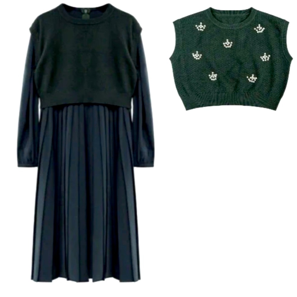 Minimal Green Dress with Sweater Vest NWT